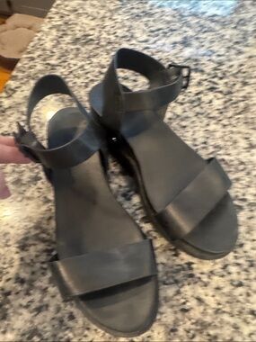 MIA Black Leather Ankle-Strap Wedge Sandals